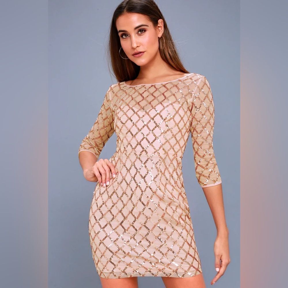 Lulu’s NWT Party Favor Rose Gold Sequin Bodycon Dress Champagne Cocktail Dress